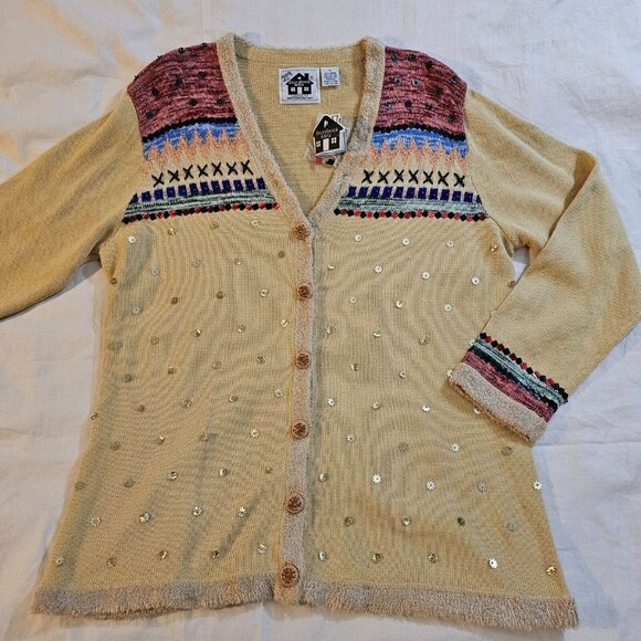Vintage Storybook Knits Fair Isle Cardigan Beige w/ Sequin size 1X - Picture 1 of 8